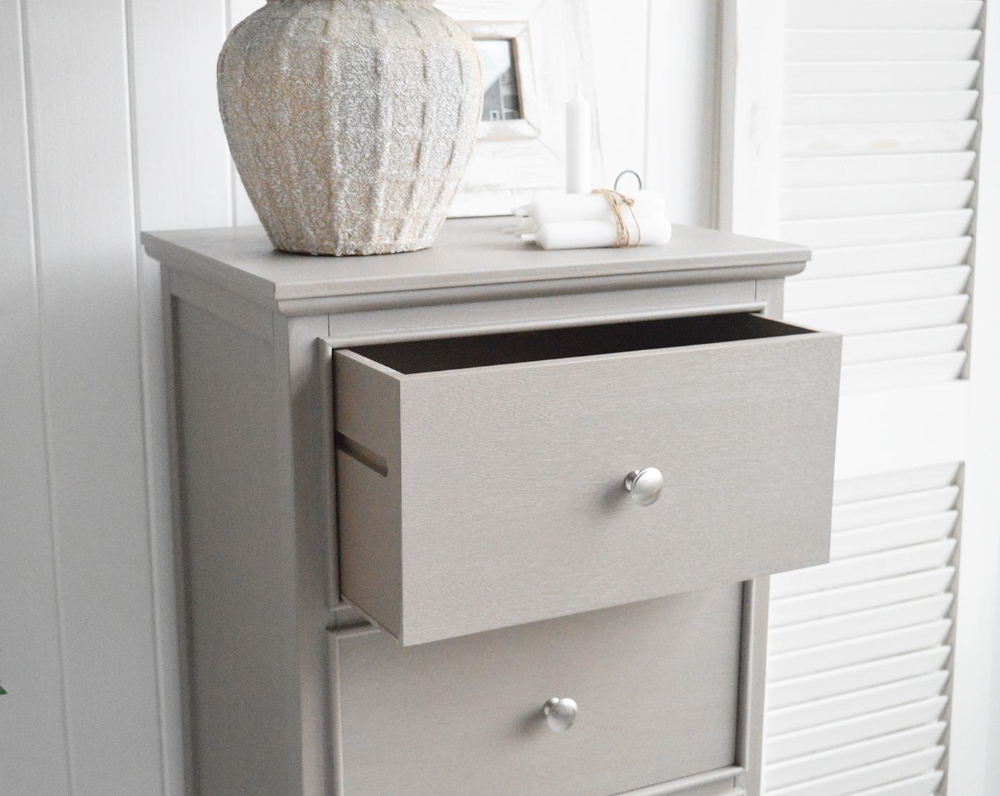 Bristol narrow vintage grey chest of drawers. New England furniture for coastal, modern farmhouse and country homes and interiors