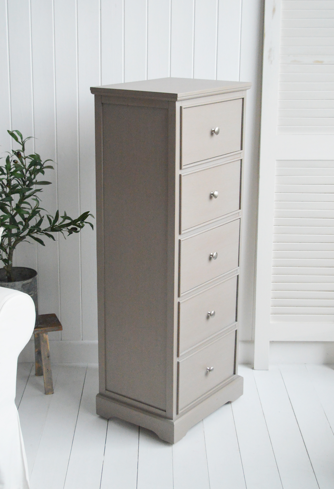 Bristol narrow vintage grey chest of drawers. New England furniture for coastal, modern farmhouse and country homes and interiors