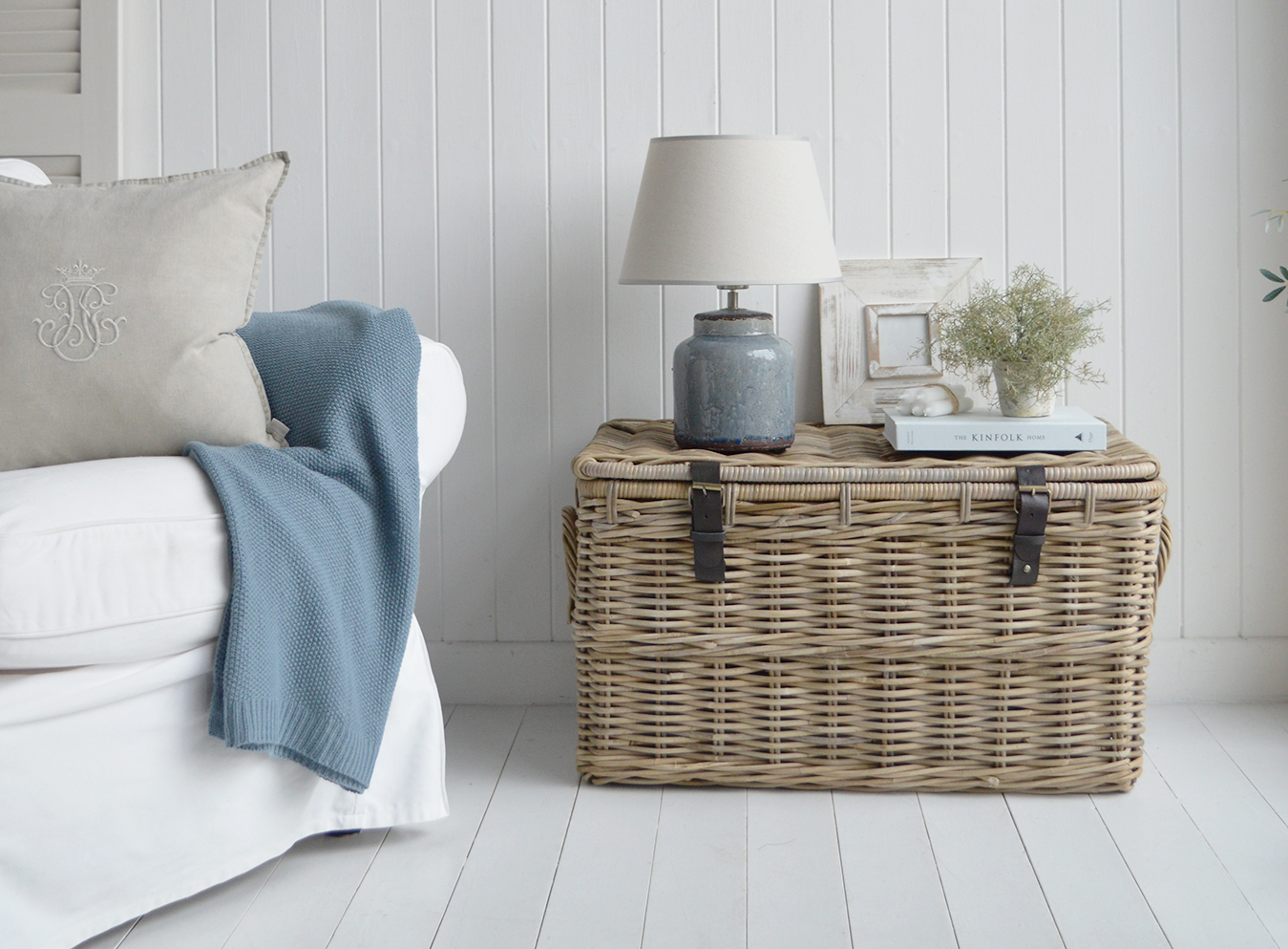 The Caso bay trunk as a side table with The Blue Compton lamp 