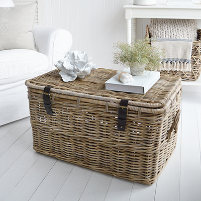 The Casco Bay trunk as a coffee table in a coastally inspired living room