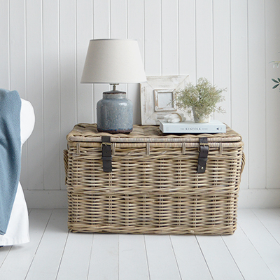 The Casco Bay trunk as a coffee table in a coastally inspired living room