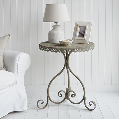 Charleston grey metal rustic lamp table for New England styled white living room. White furniture for Hamptons, coastal, country and farmhouse inspired homes and interiors