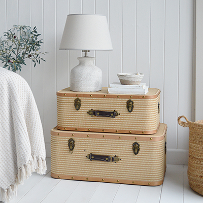 The Kennebunk Trunks combine woven texture, wooden trim, and antique brass details – a stylish addition to coastal furniture and interiors, perfect for New England and Hamptons-style homes