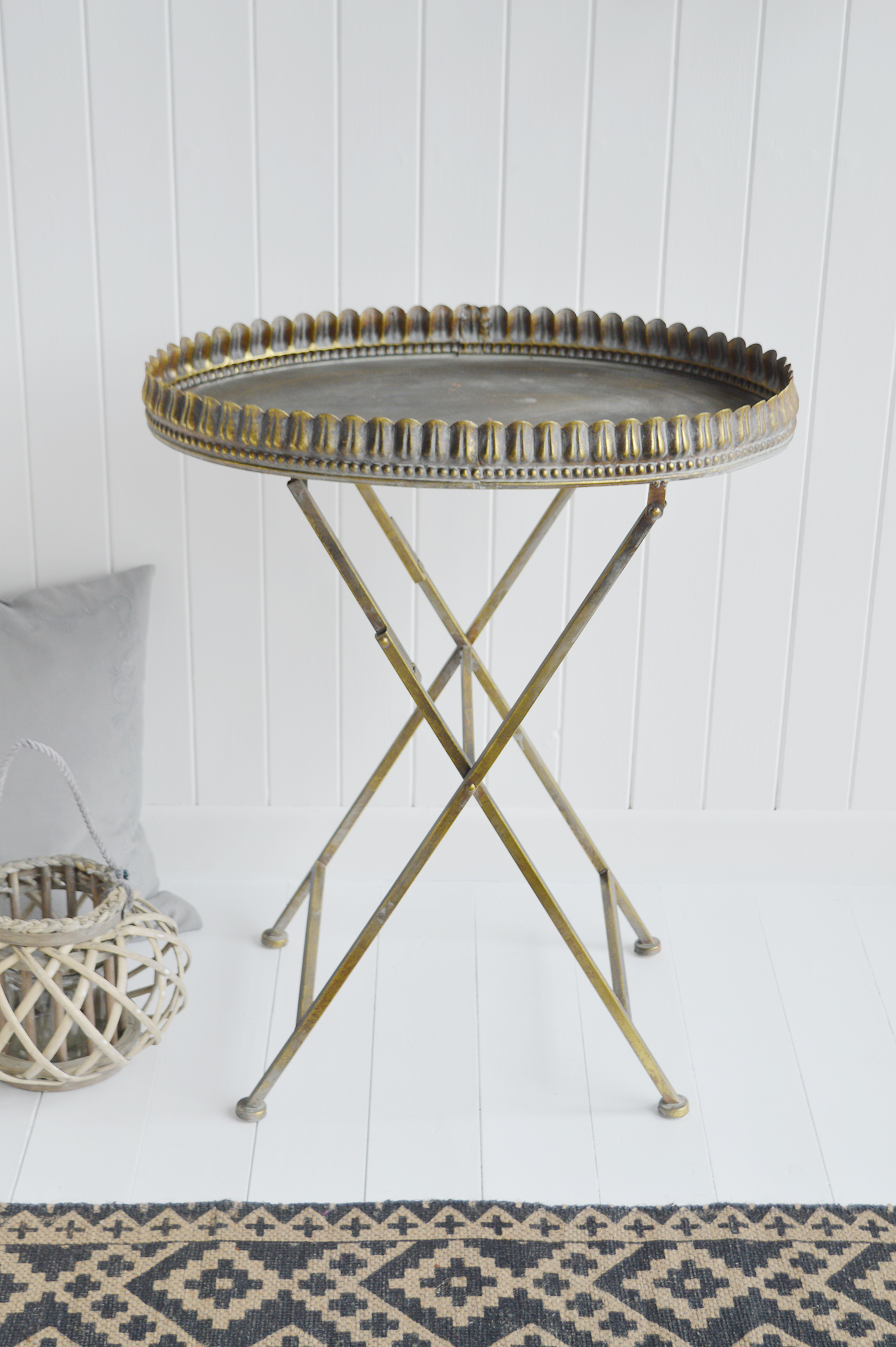 Mystic lamp table in aged antique brass finish. New England furniture and home interiors