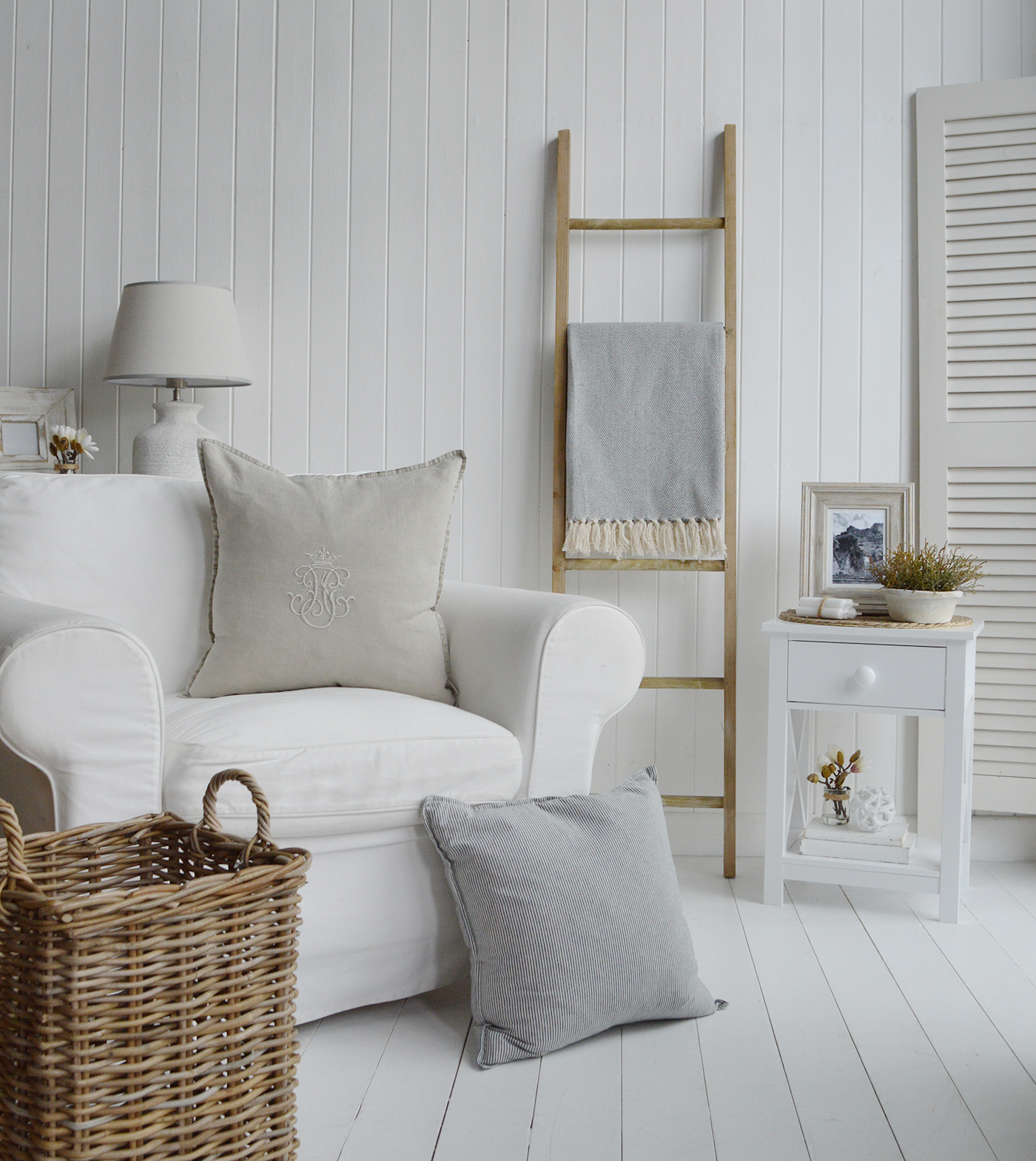 The Oxford wooden blanket ladder in a white Hamptons inspired living room