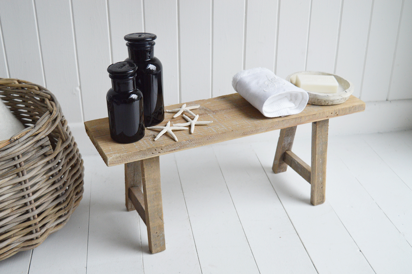 Pawtucket Grey Small Low Rustic Bench - Coastal, New England, Modern Farmhouse and Country Furniture