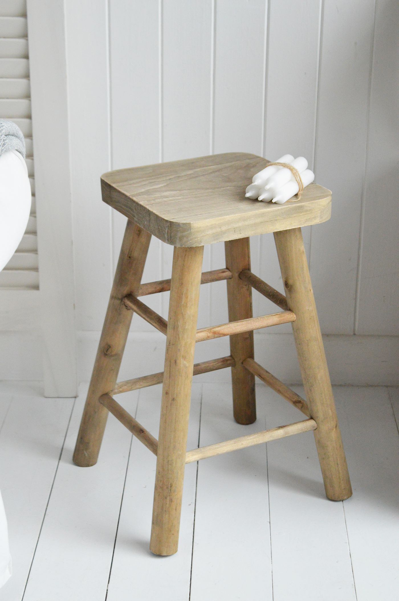 awtucket tall rustic wooden stool for coastal and country furniture, a lamp or side table