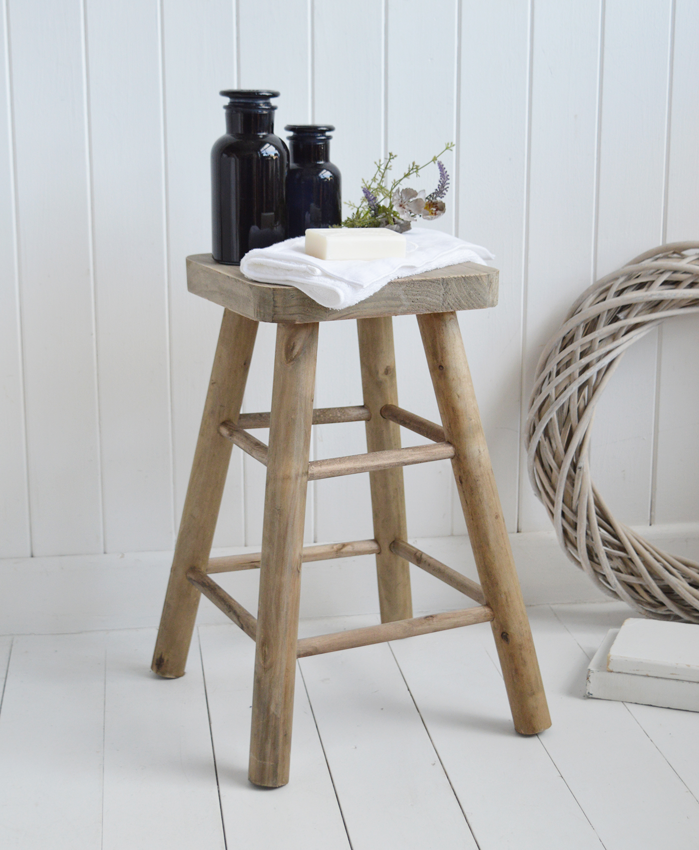 The Pawtucket tall wooden stool, perfect in modern farmhouse or coastal rooms for styling and decorating