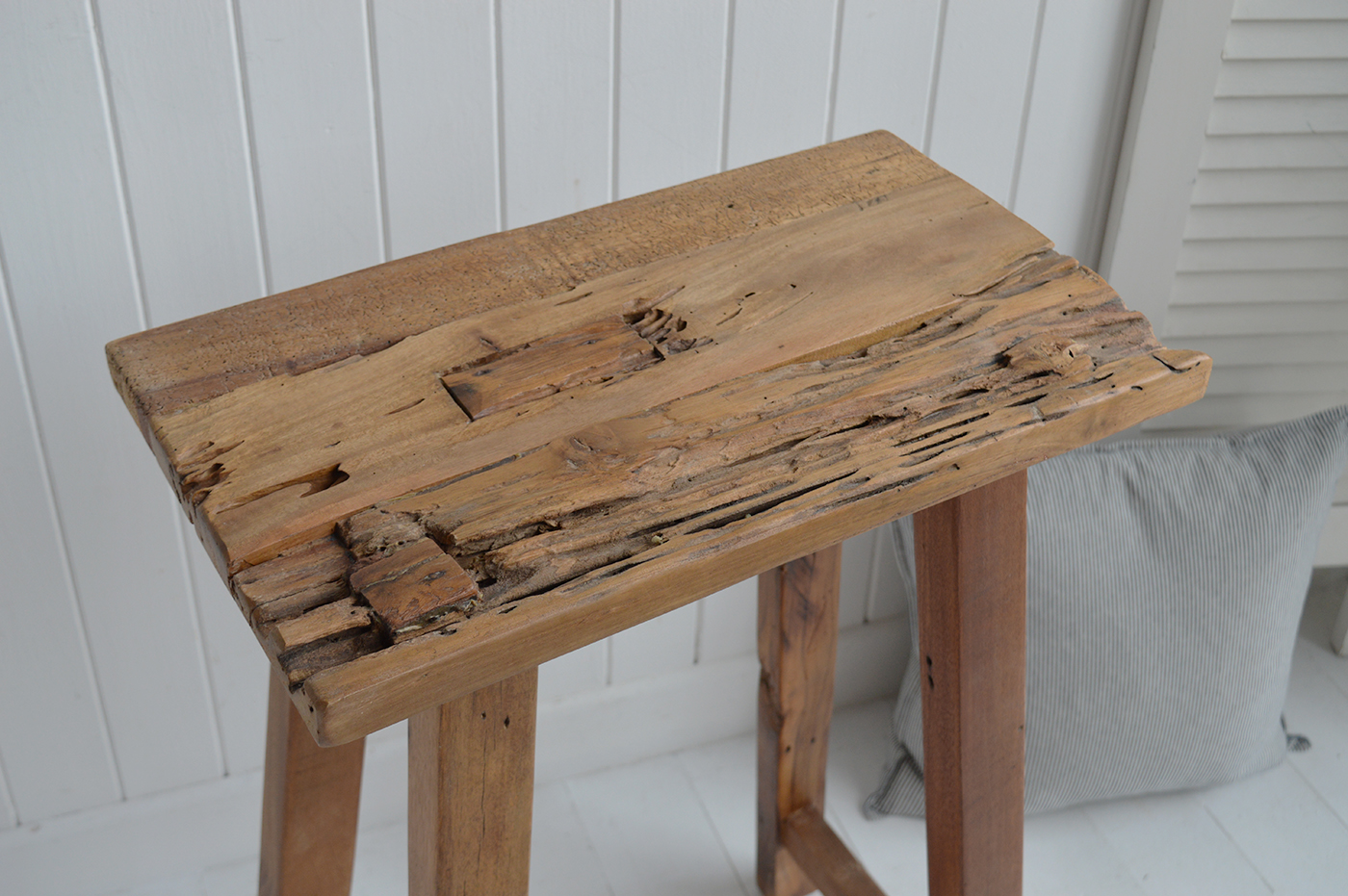 Peabody rustic teak wooden stool as a lamp or side table in a modern farmhouse inspired home