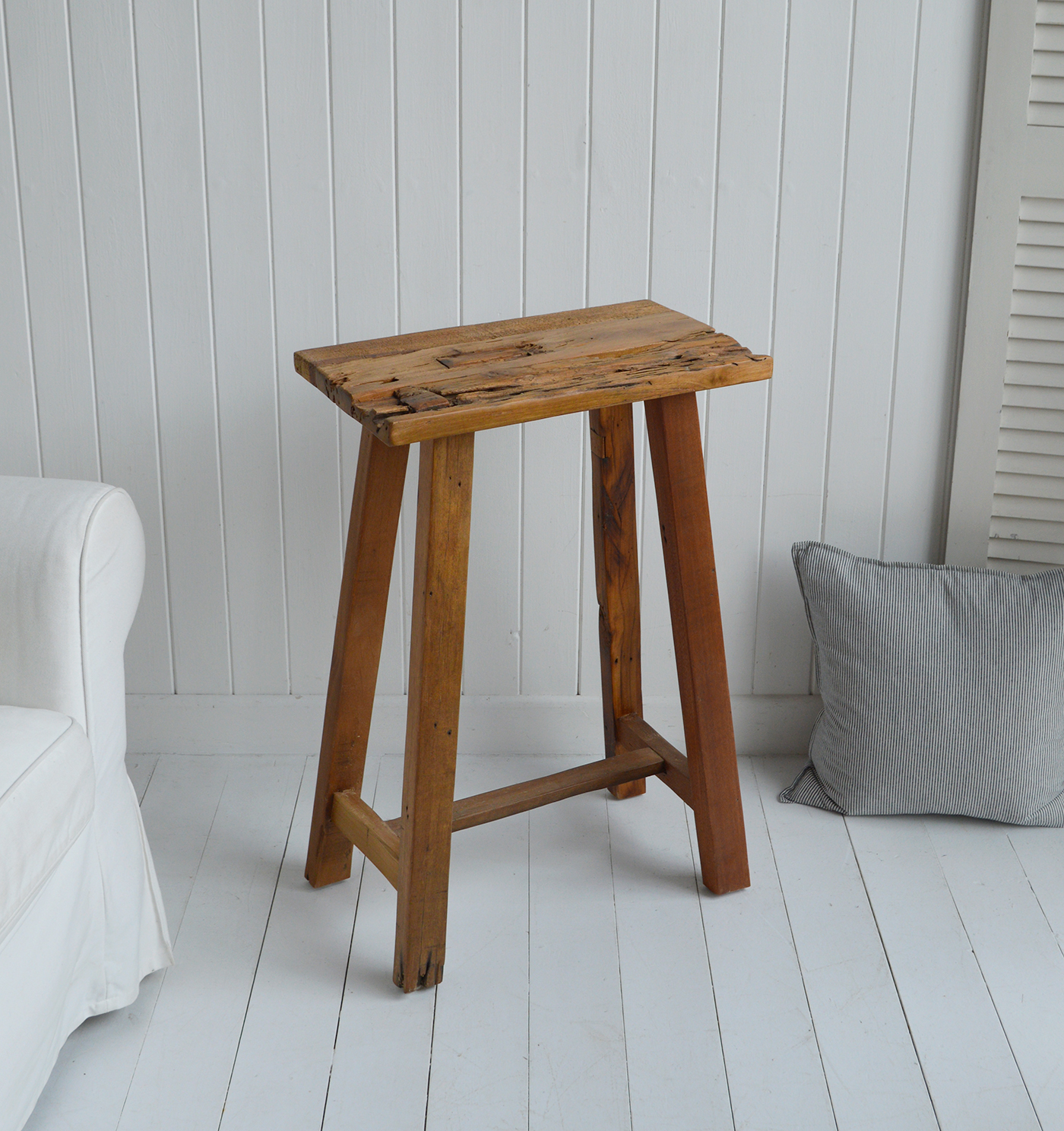 Peabody rustic teak wooden stool as a lamp or side table in a New England country inspired home