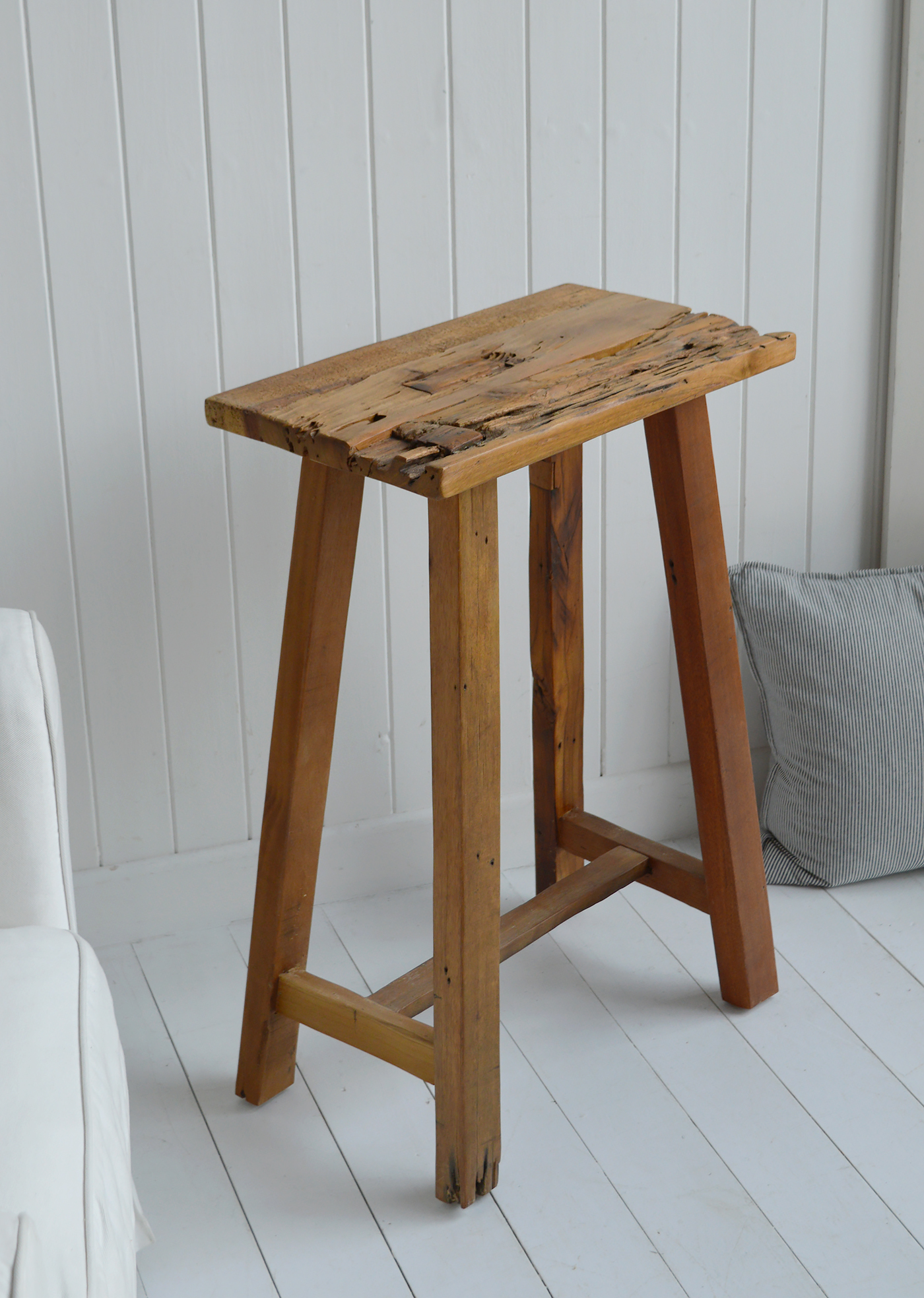 Peabody rustic teak wooden stool as a lamp or side table in a New England modern farmhouse inspired home