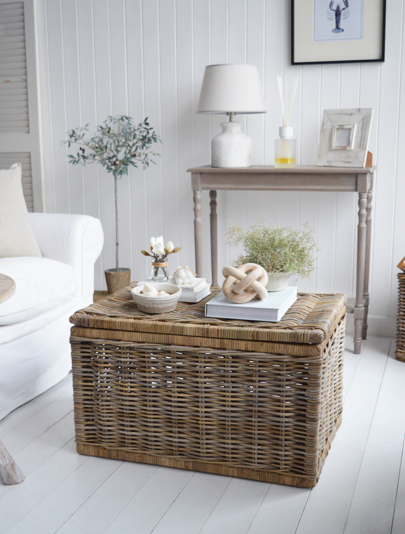 The Seaside coastal coffee table for Hamptons style homes and interiors, a basket table with storage is a perfect solution for removing clutter from the living room