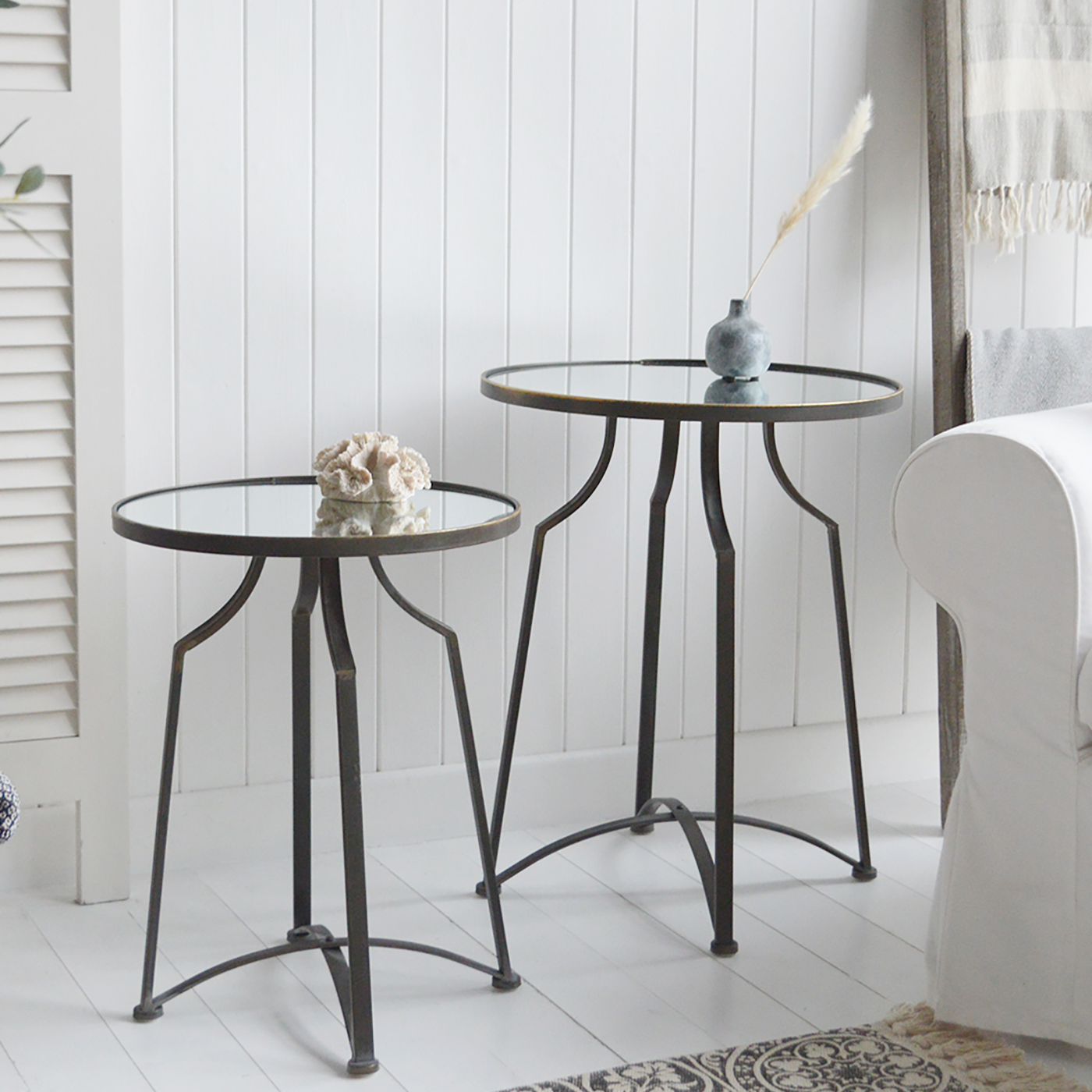 Brunswick lamp tables. A black and white palette is timeless. Mixed with natural materials, cushions and throws with plently of texture and interest gives a classic New England look to your Hamptons or coastal interior