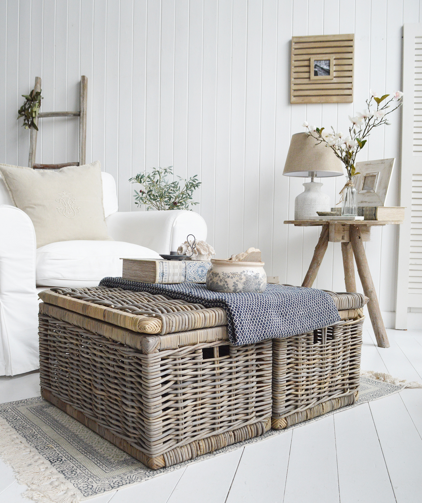 Seaside cottage storage coffee table for New Engladn Interiors. Coastal, modern country and farmhouse furniture and home decor