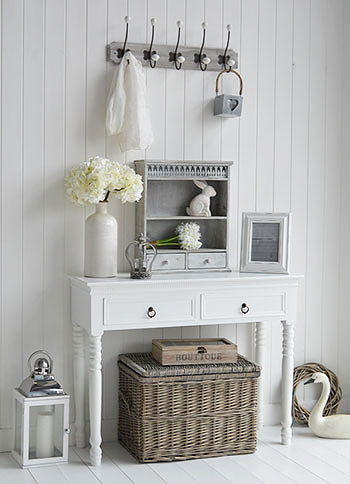 A white hall table with drawers with Parisian grey home decor accessories for hallway furniture