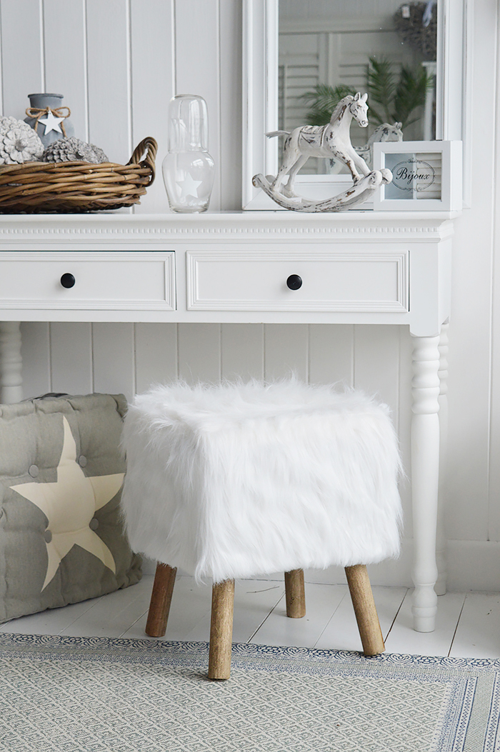 The Woodstock white faux fur sheekskin stool with a dressing table for white furniture