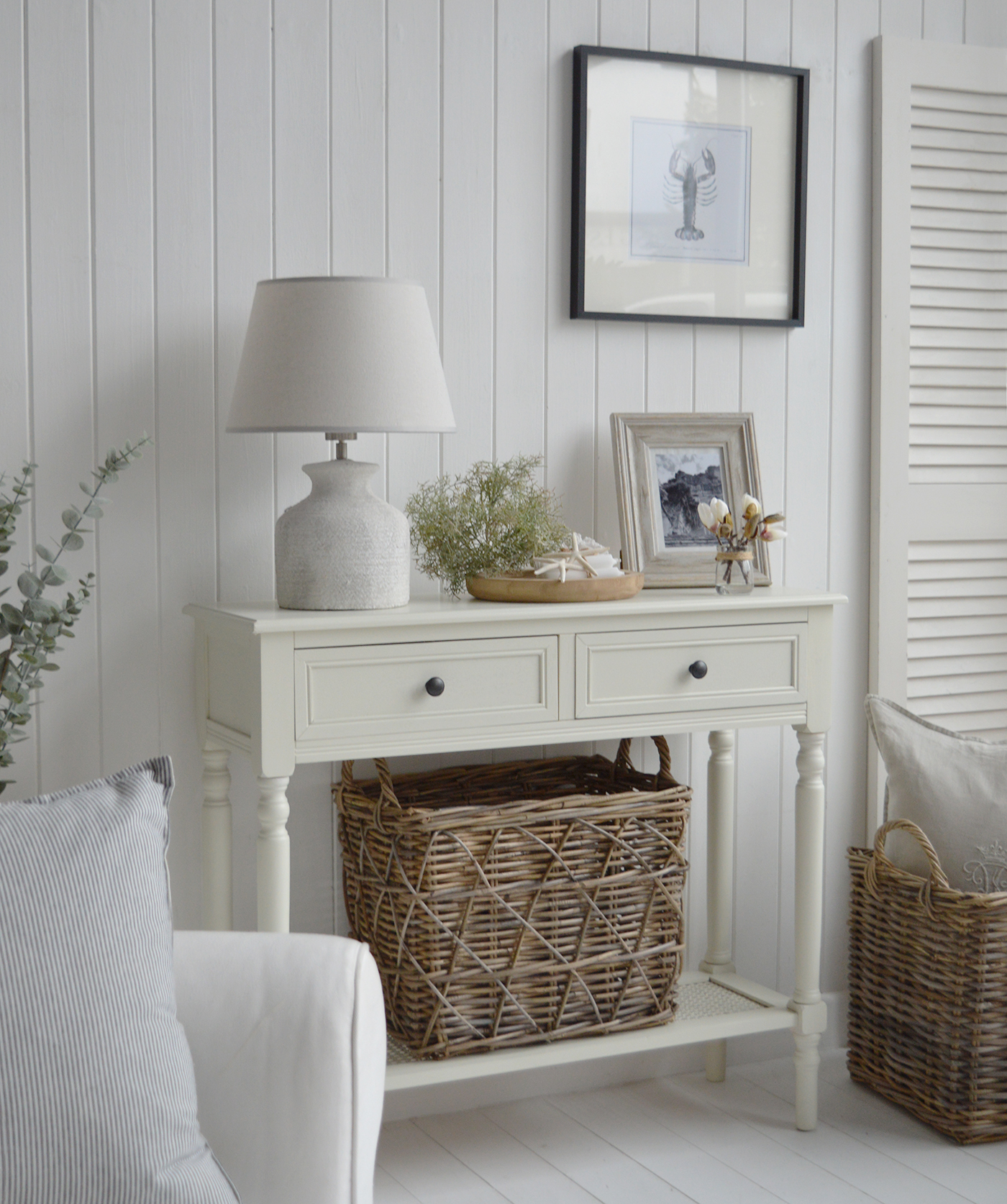 The Sullivan cream console table in a Hamptons coastal styled living room