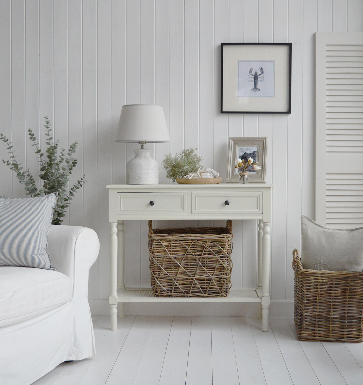 Sullivan cream Console Table with shelf and drawers. Elegant New England Coastal and Country Furniture