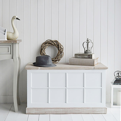 New England furniture and interiors for UK. Living, hallway, bedroom and bathroom home interiors
