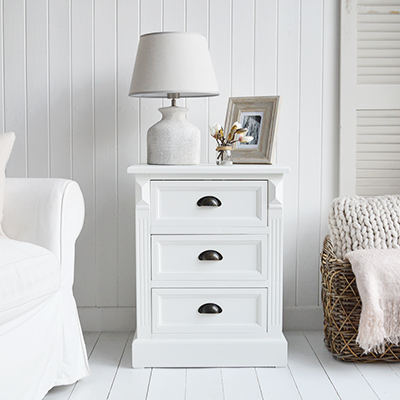 Southampton White lamp table cabinet with 3 drawers for New England styled white living room. White furniture for Hamptons, coastal, country and farmhouse inspired homes and interiors