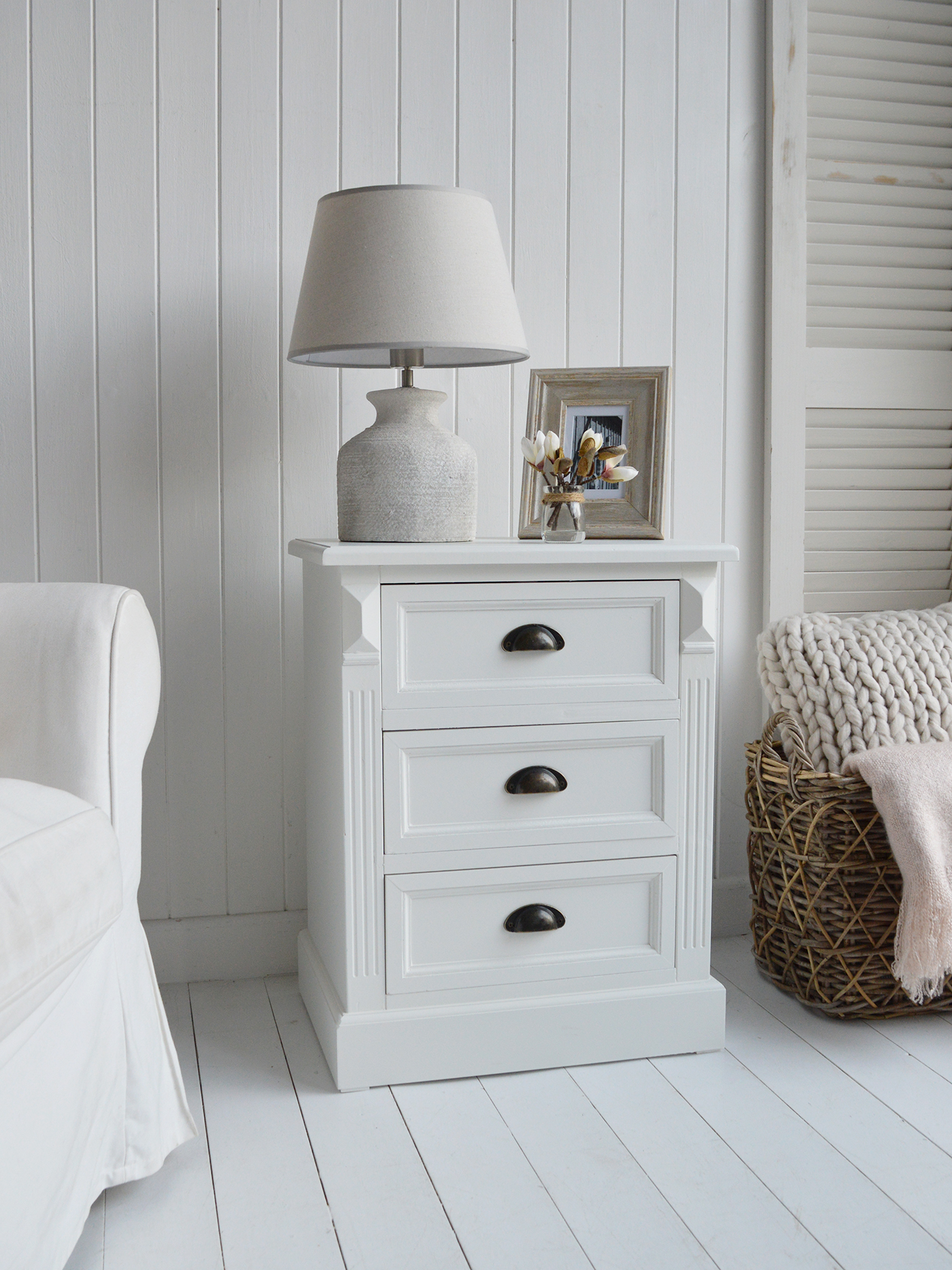 Southampton White lamp table cabinet with 3 drawers for New England styled white living room. White furniture for coastal inspired homes