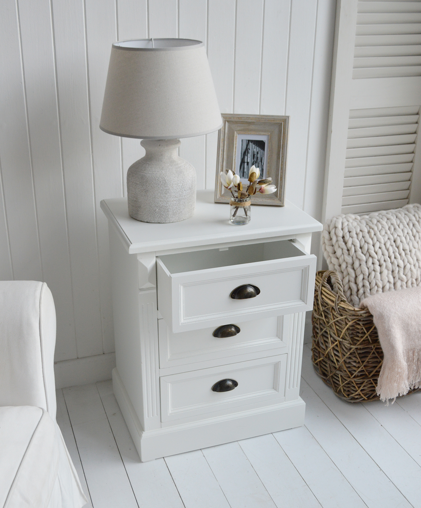 Southampton White lamp table cabinet with 3 drawers for New England styled white living room. White furniture for country and farmhouse homes