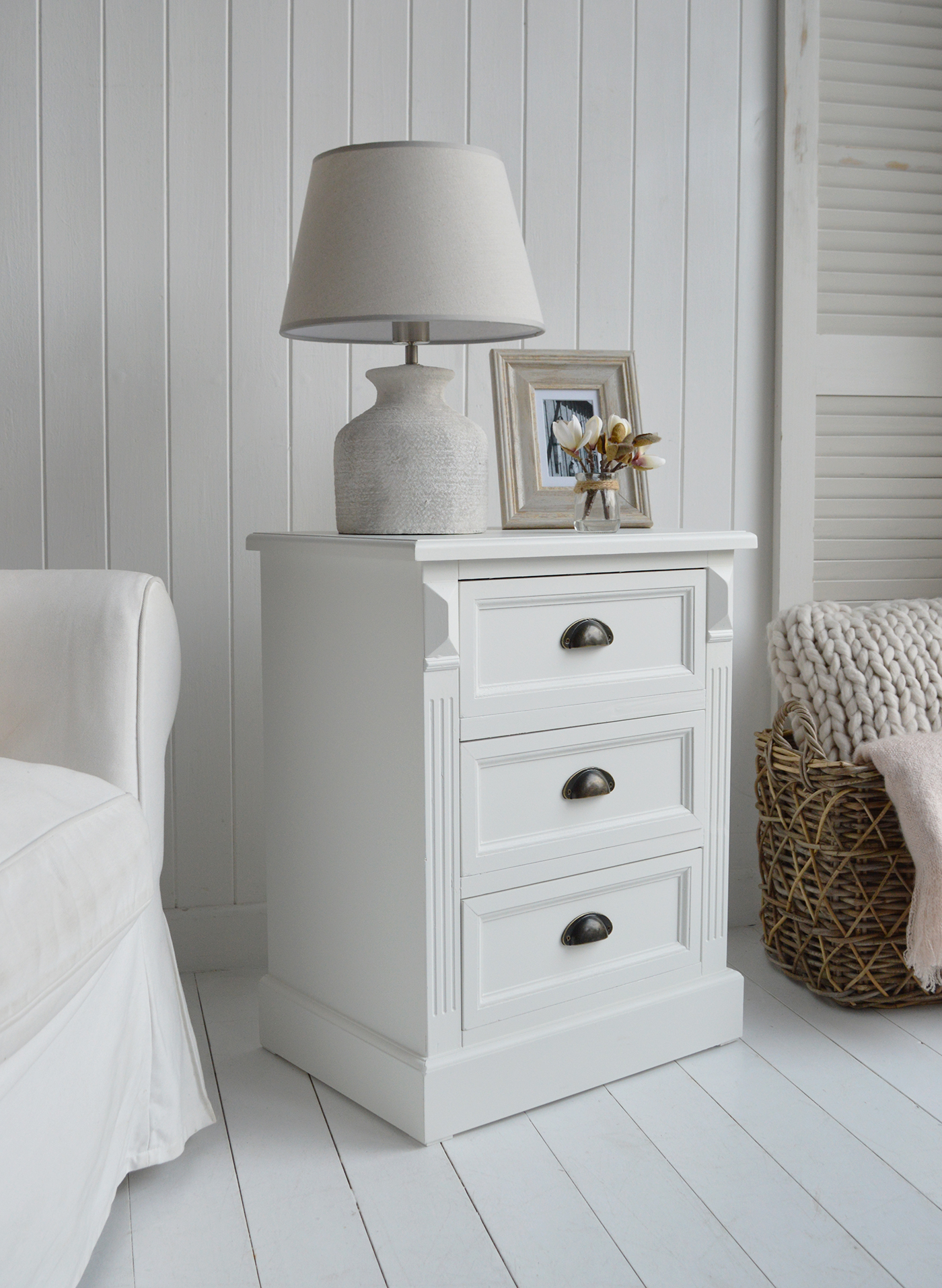 Southampton White lamp table cabinet with 3 drawers for New England styled white living room. White furniture for modern farmhouse homes