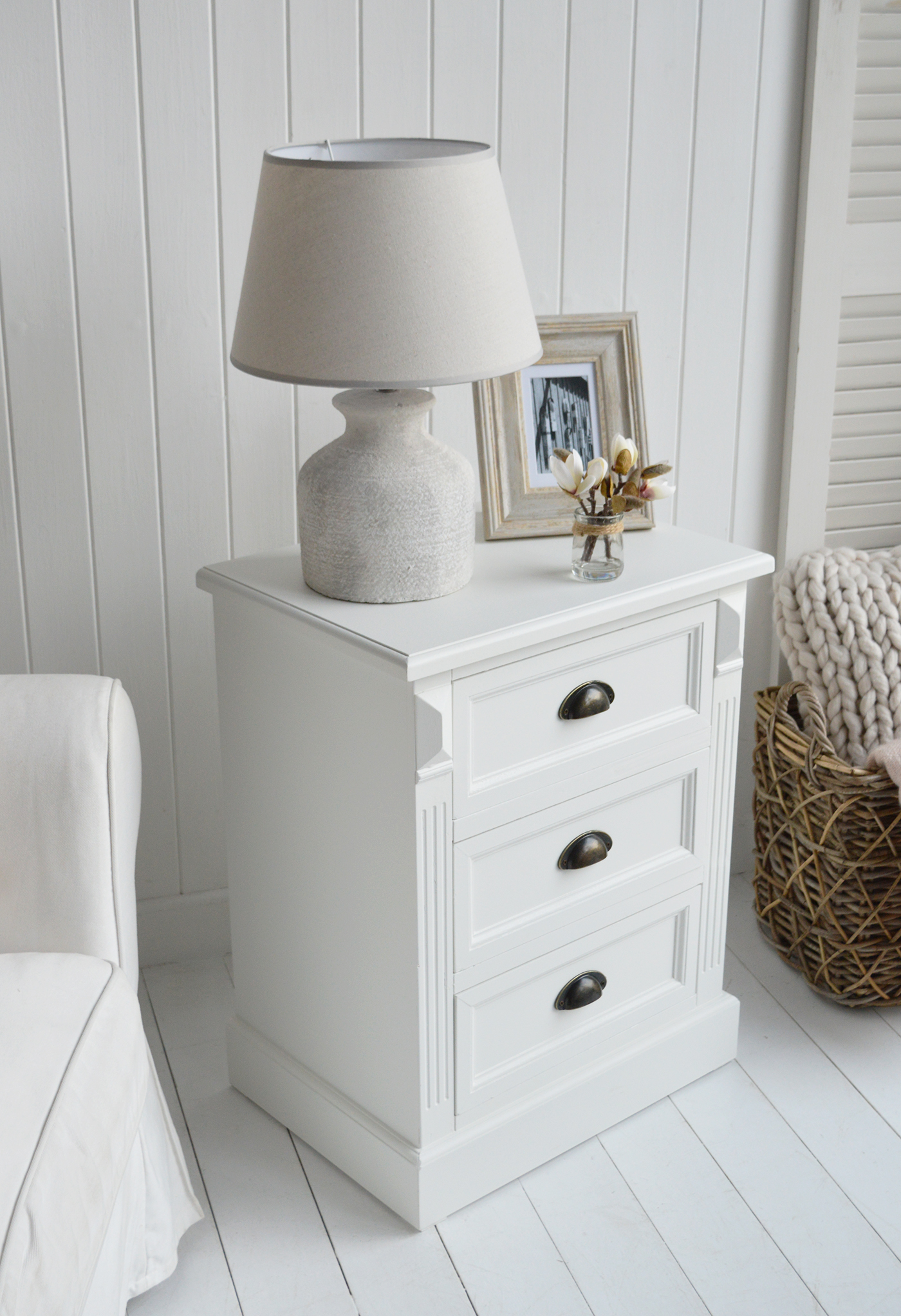 Southampton White lamp table cabinet with 3 drawers for New England styled white living room. White furniture for Hamptons, coastal, country and modern farmhouse inspired homes