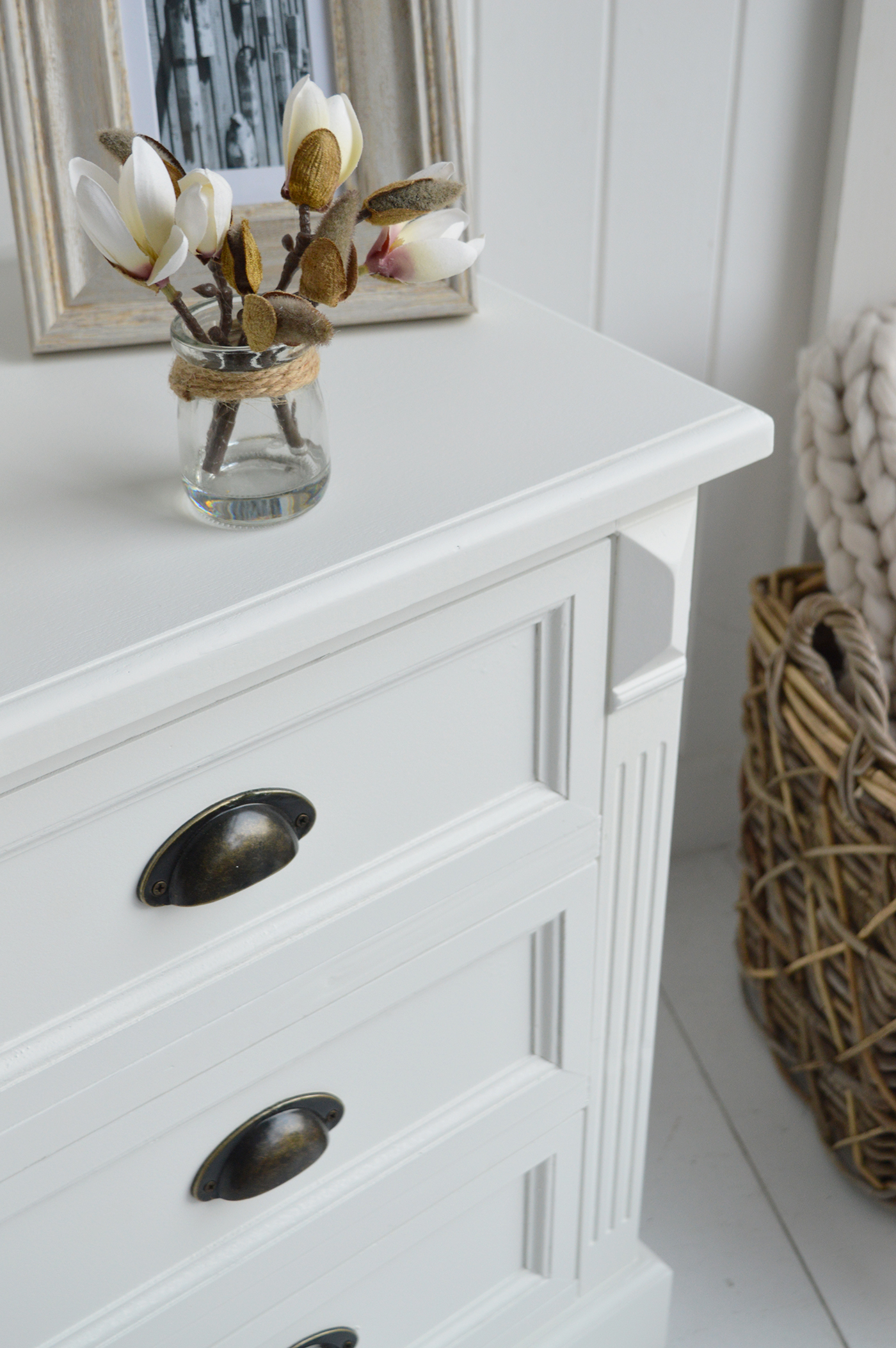 Southampton White lamp table cabinet with 3 drawers for New England styled white living room. White furniture for Hamptons, coastal, country and farmhouse inspired homes and interiors