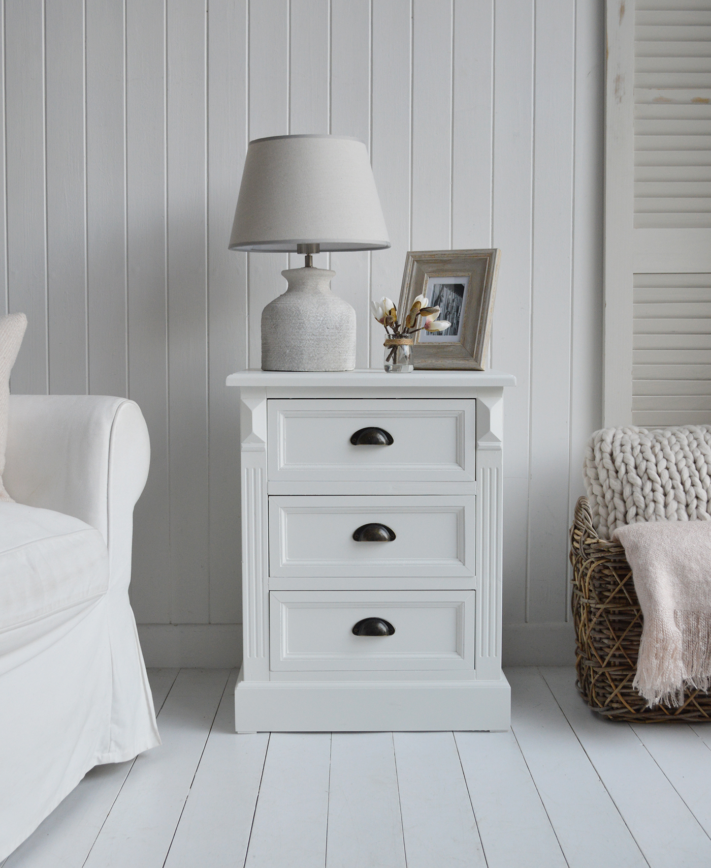 Southampton White lamp table cabinet with 3 drawers for New England styled white living room. White furniture for Hamptons homes