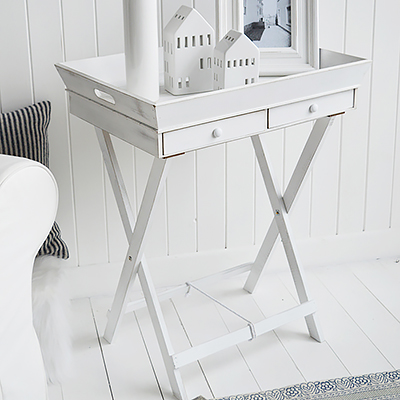 Rhode Island white lamp table with drawers in a rustic finish for New England furniture interiors