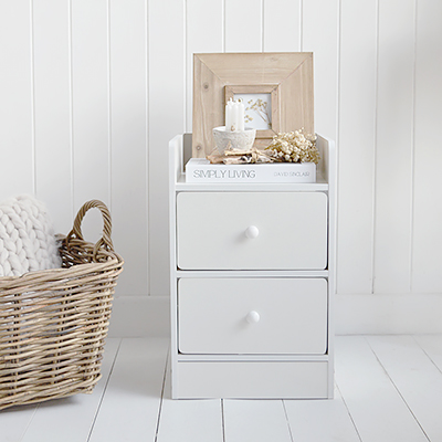 The Lindford bedside table is ideal for creating a refined coastal bedroom with practical two drawer storage.