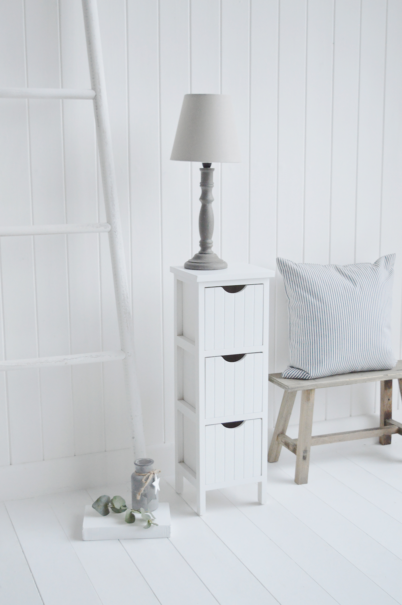 Dorset Max 25cm Narrow White Bedside Table The White Lighthouse Slim   Dorset 3 Drawer Narrow Bedside Table 21cm Wide 2 