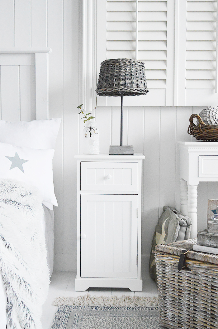 Maine white bedside cabinet with cupboard and drawer. Bedroom furniture