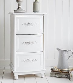 The White Lighthouse Rose white bedroom furniture- a bedside lamp table with 3 drawers