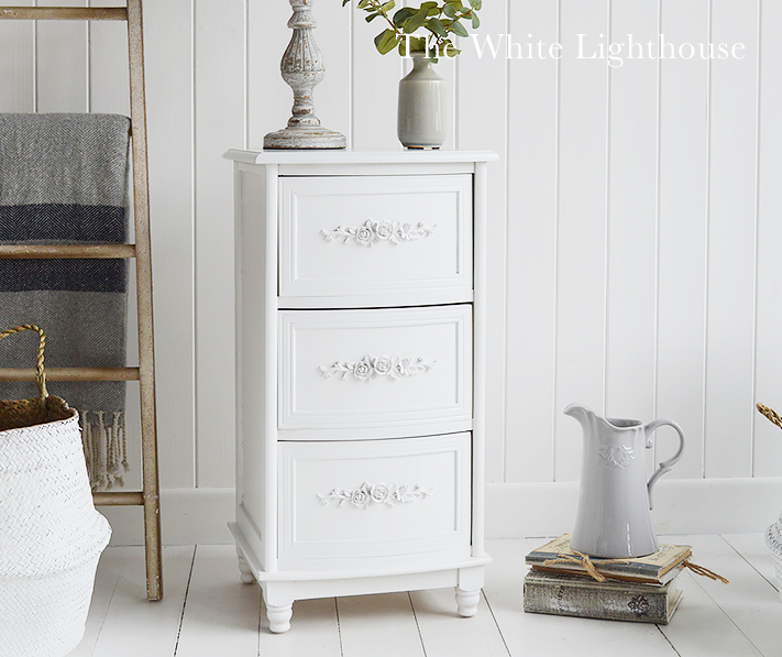 Rose white bedside cabinet with three drawers form The White Lighthouse Bedroom Furniture