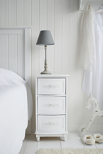 Rose white bedside table with three drawers and rose carved handles