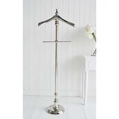 Chrome Silver Valet Clothes stand for luxurious New England Style Living. Bedroom and Bathroom Furniture